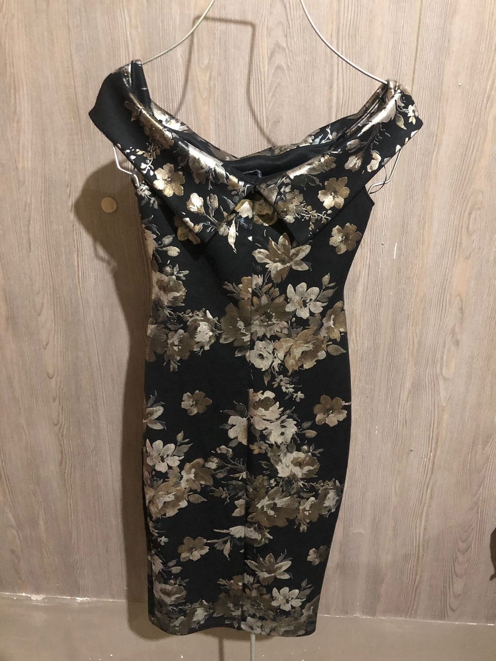 Lovely Day Black One-Shoulder Sheath Dress with Gold Floral Print